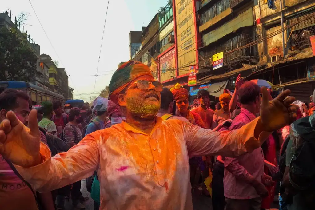 Villagers playing Holi with natural colors in Rajasthan